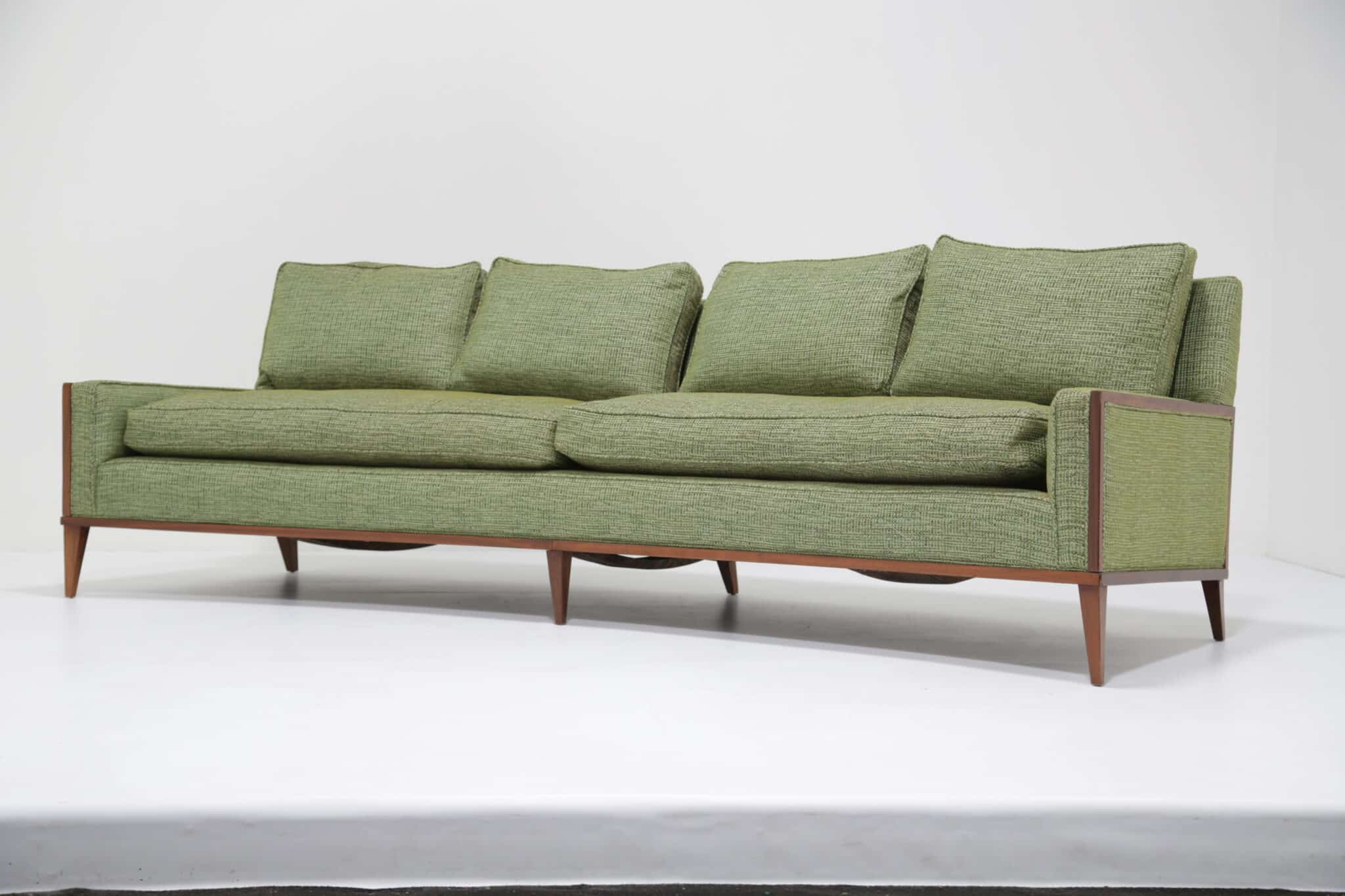 Mid-Century Modern Curved Four Seater Sofa in Walnut with textured green fabric by Paul McCobb, 1950s (3)