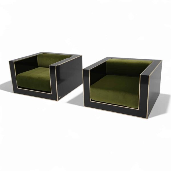 Black and Brass Cube Shape Deco Style Armchairs by Alberto Rocchi, Italy circa 1980.