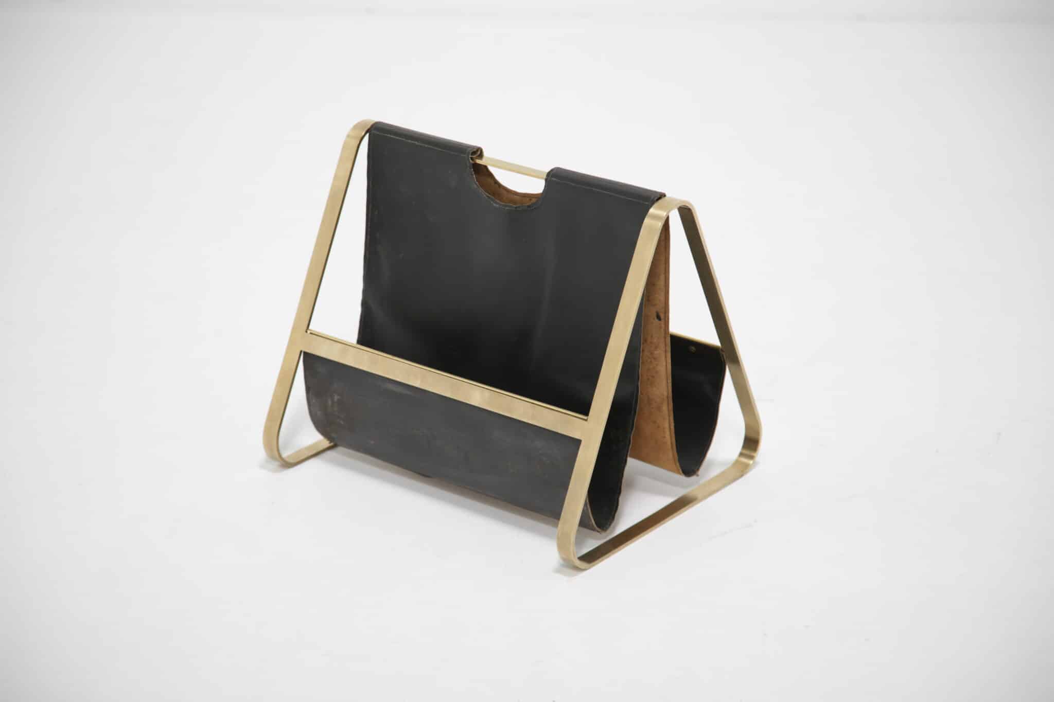 Brass and leather mid-century French magazine rack.
