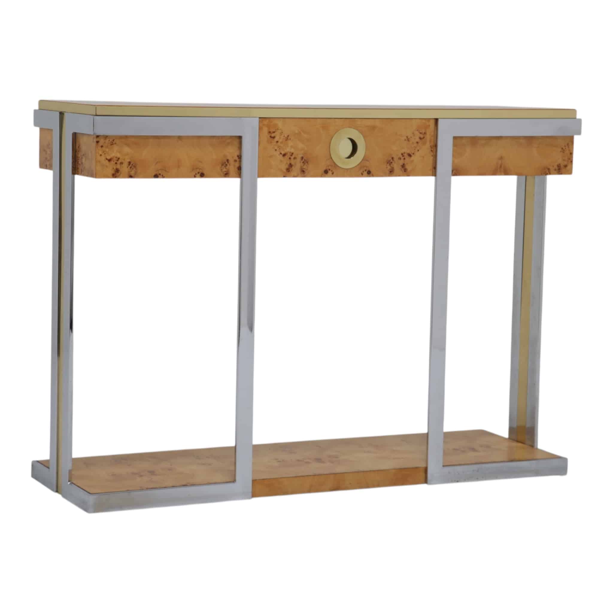 Mario Sabot Burlwood, chrome and brass console table