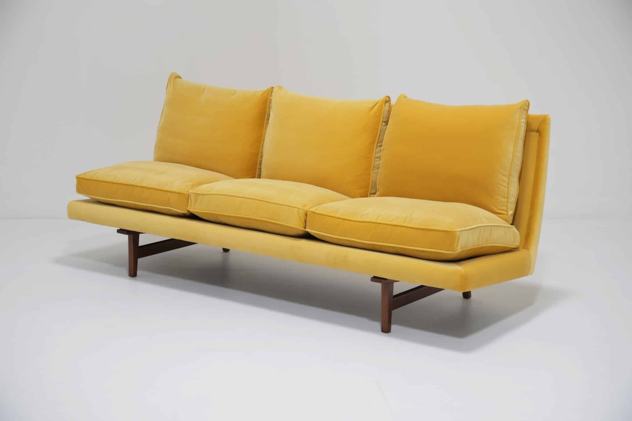 Mid-Century Vintage Yellow Cotton Velvet Walnut Framed Three Seat Sofa by Jens Risom, 1960s (1)