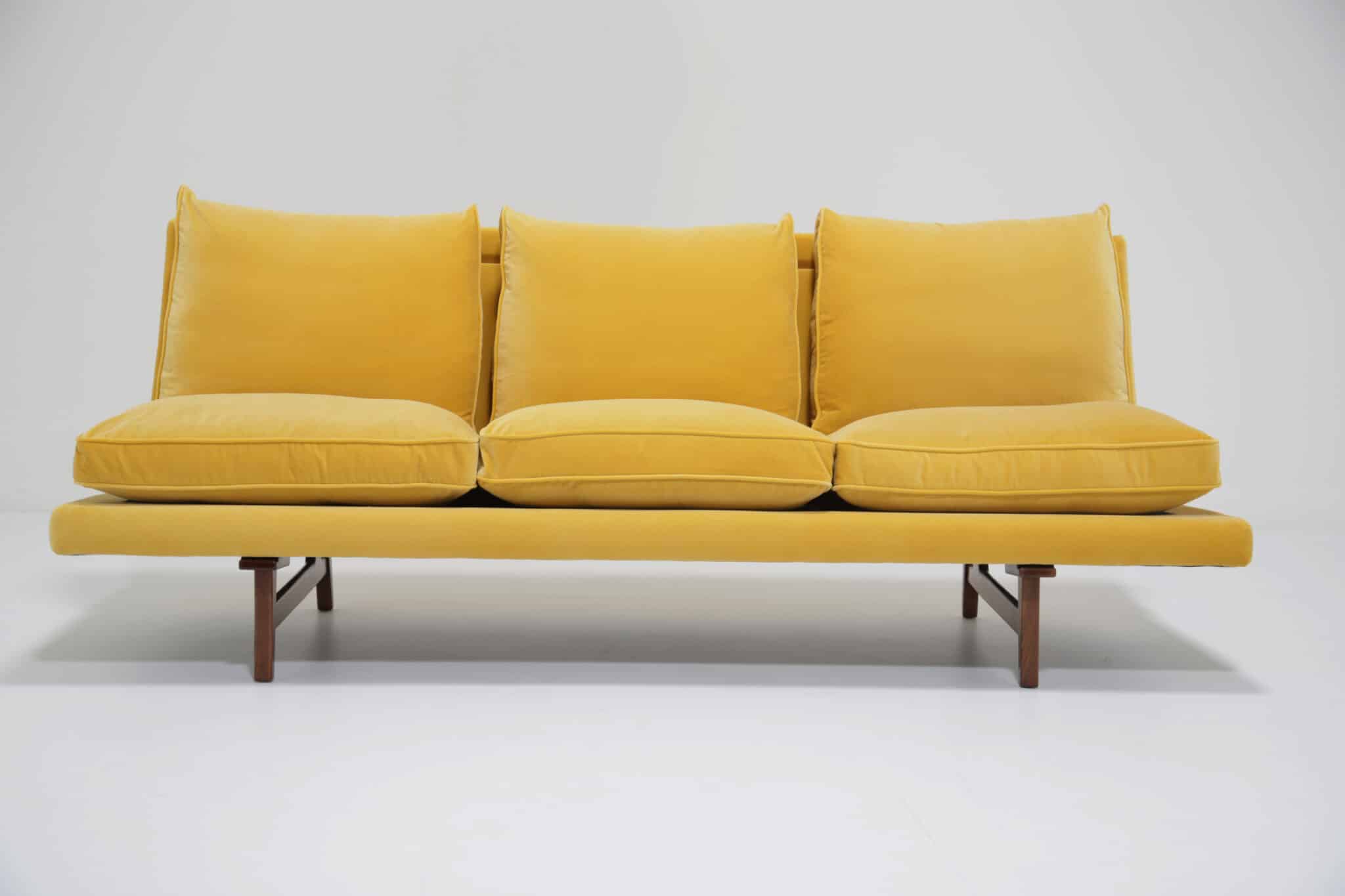 Mid-Century Vintage Yellow Cotton Velvet Walnut Framed Three Seat Sofa by Jens Risom, 1960s (10)