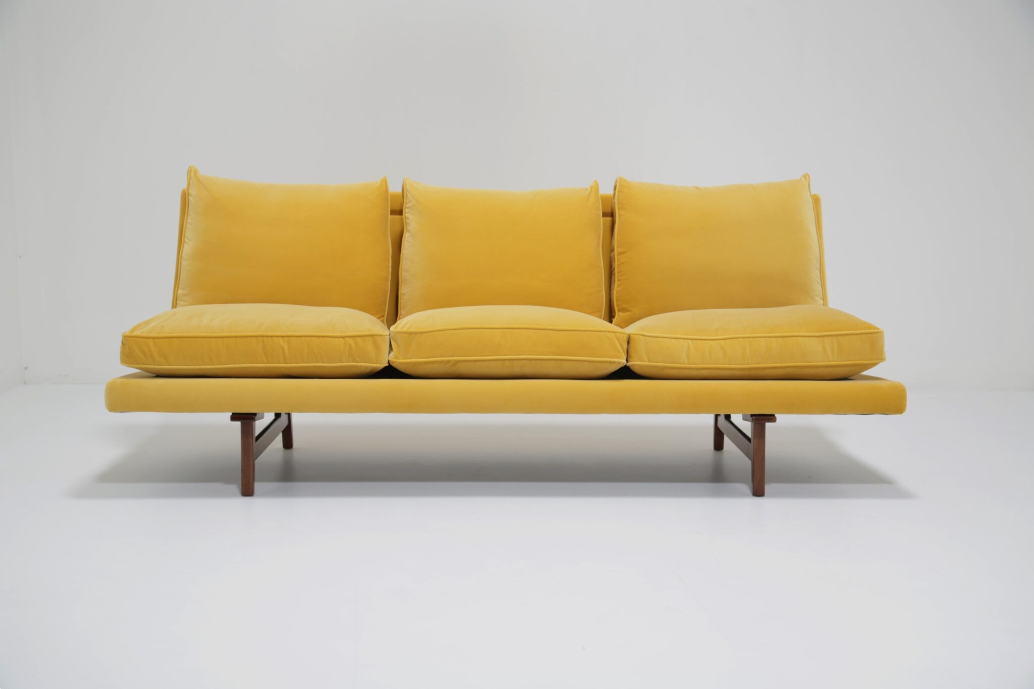Mid-Century Vintage Yellow Cotton Velvet Walnut Framed Three Seat Sofa by Jens Risom, 1960s (11)