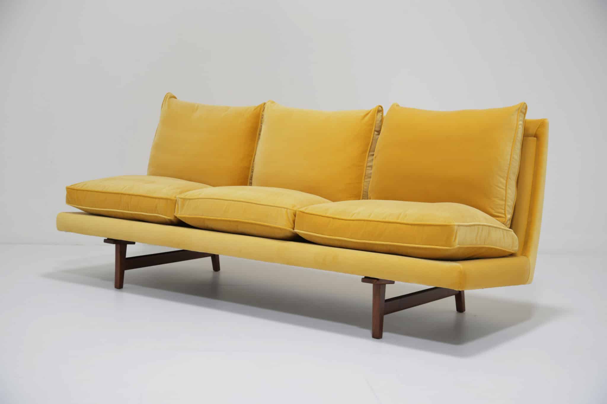 Mid-Century Vintage Yellow Cotton Velvet Walnut Framed Three Seat Sofa by Jens Risom, 1960s (2)