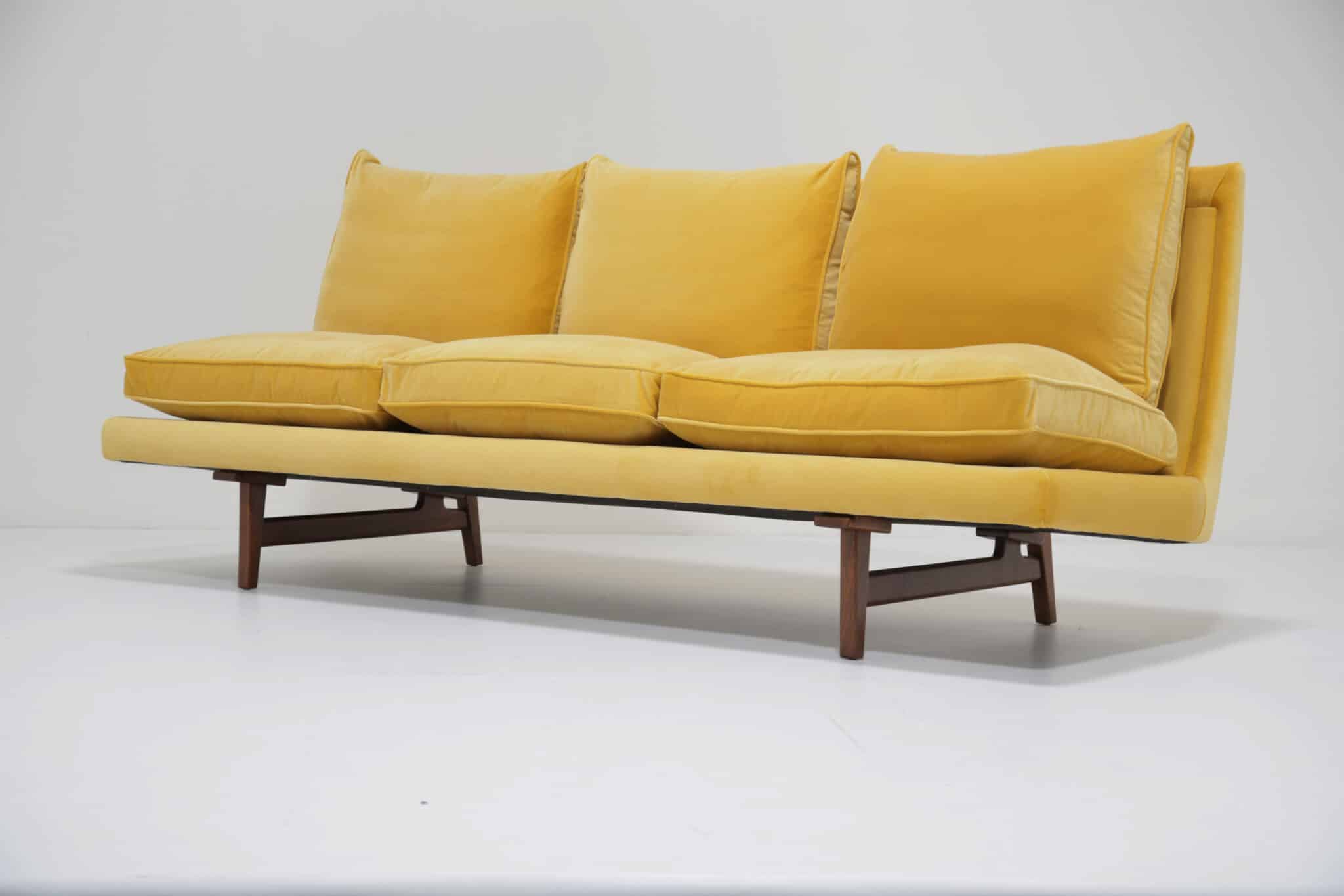 Mid-Century Vintage Yellow Cotton Velvet Walnut Framed Three Seat Sofa by Jens Risom, 1960s (3)