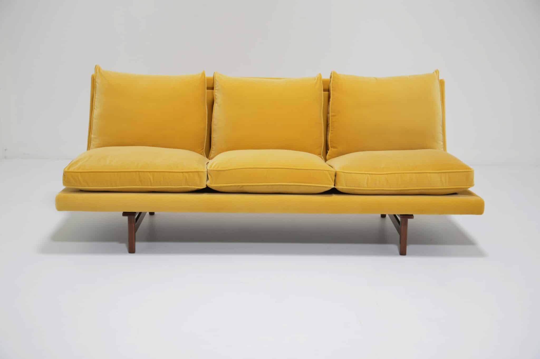 Mid-Century Vintage Yellow Cotton Velvet Walnut Framed Three Seat Sofa by Jens Risom, 1960s (9)