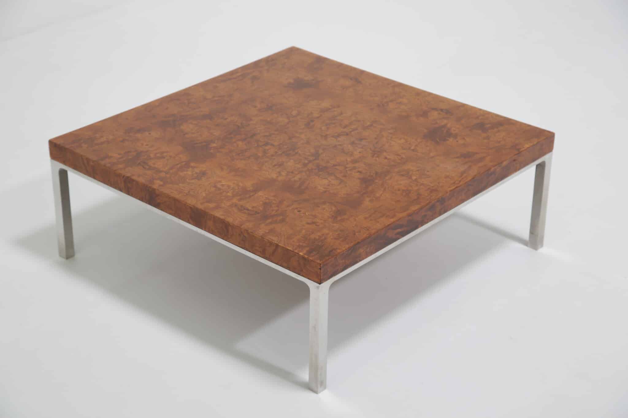 Vintage Mid-Century French Burl Wood and Chrome Low Side or Coffee Table, French, 1970s (10)