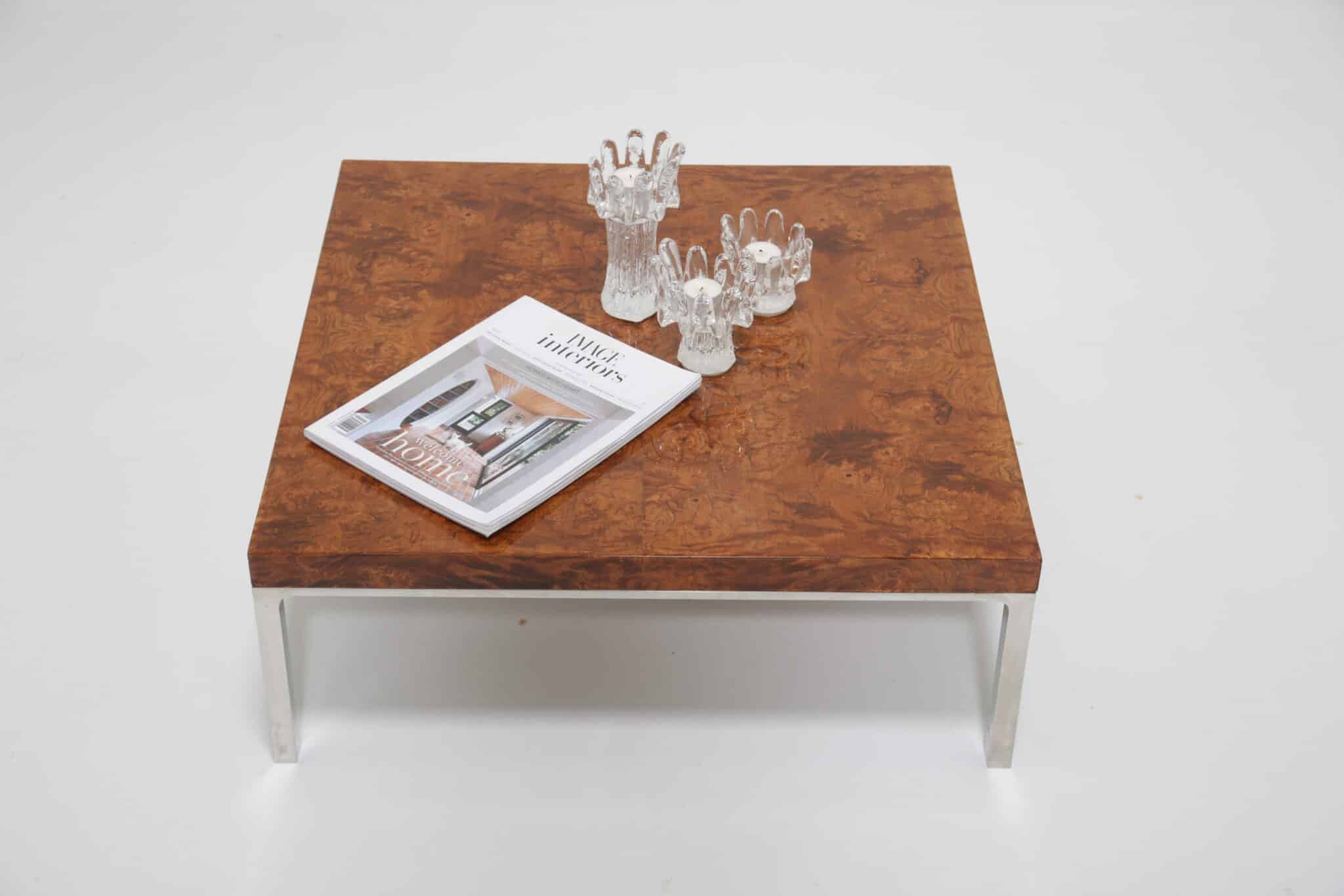 Vintage Mid-Century French Burl Wood and Chrome Low Side or Coffee Table, French, 1970s (12)