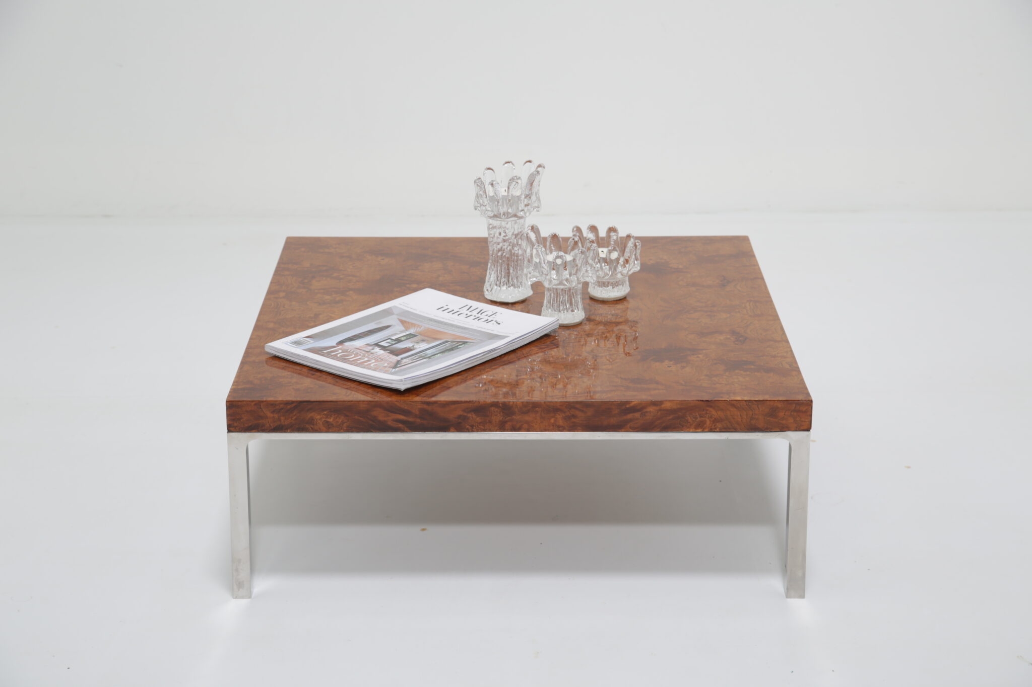 Vintage Mid-Century French Burl Wood and Chrome Low Side or Coffee Table, French, 1970s (13)