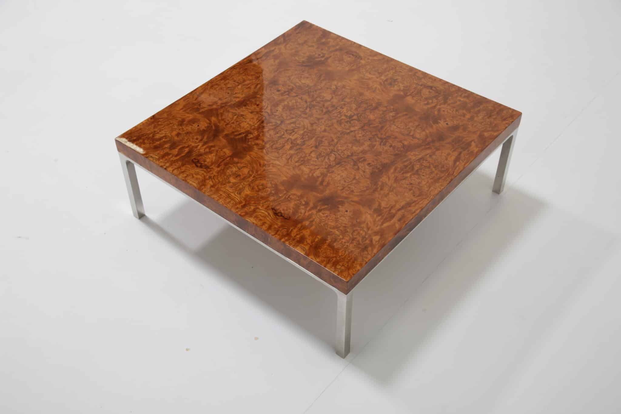 Vintage Mid-Century French Burl Wood and Chrome Low Side or Coffee Table, French, 1970s (9)