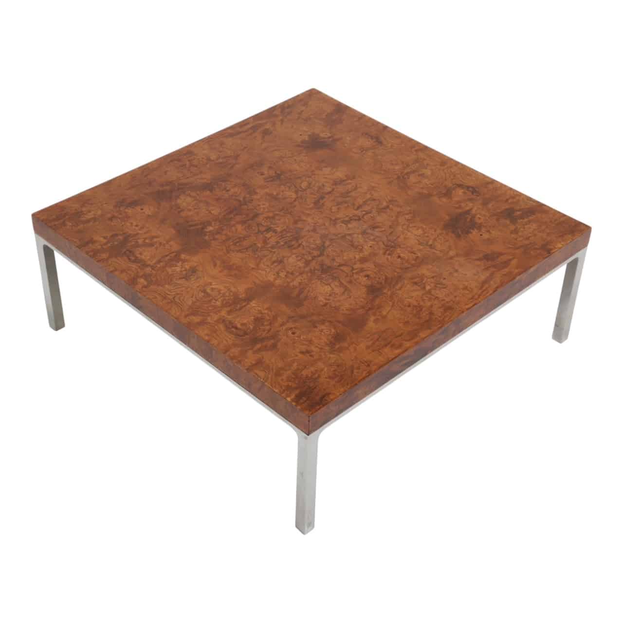 Vintage Mid-Century French Burl Wood and Chrome Low Side or Coffee Table, French, 1970s
