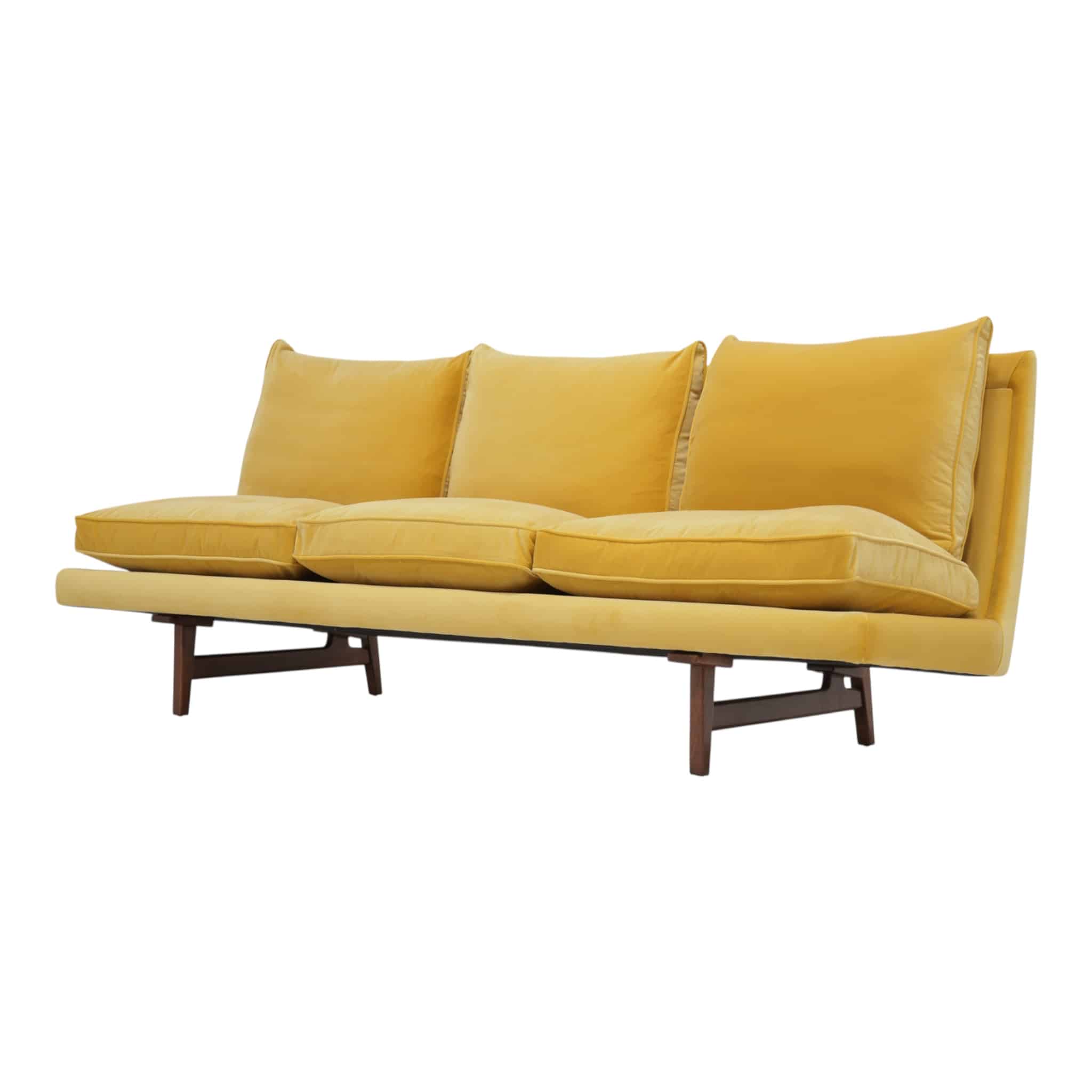 Mid-Century Vintage Yellow Cotton Velvet Walnut Framed Three Seat Sofa by Jens Risom, 1960s