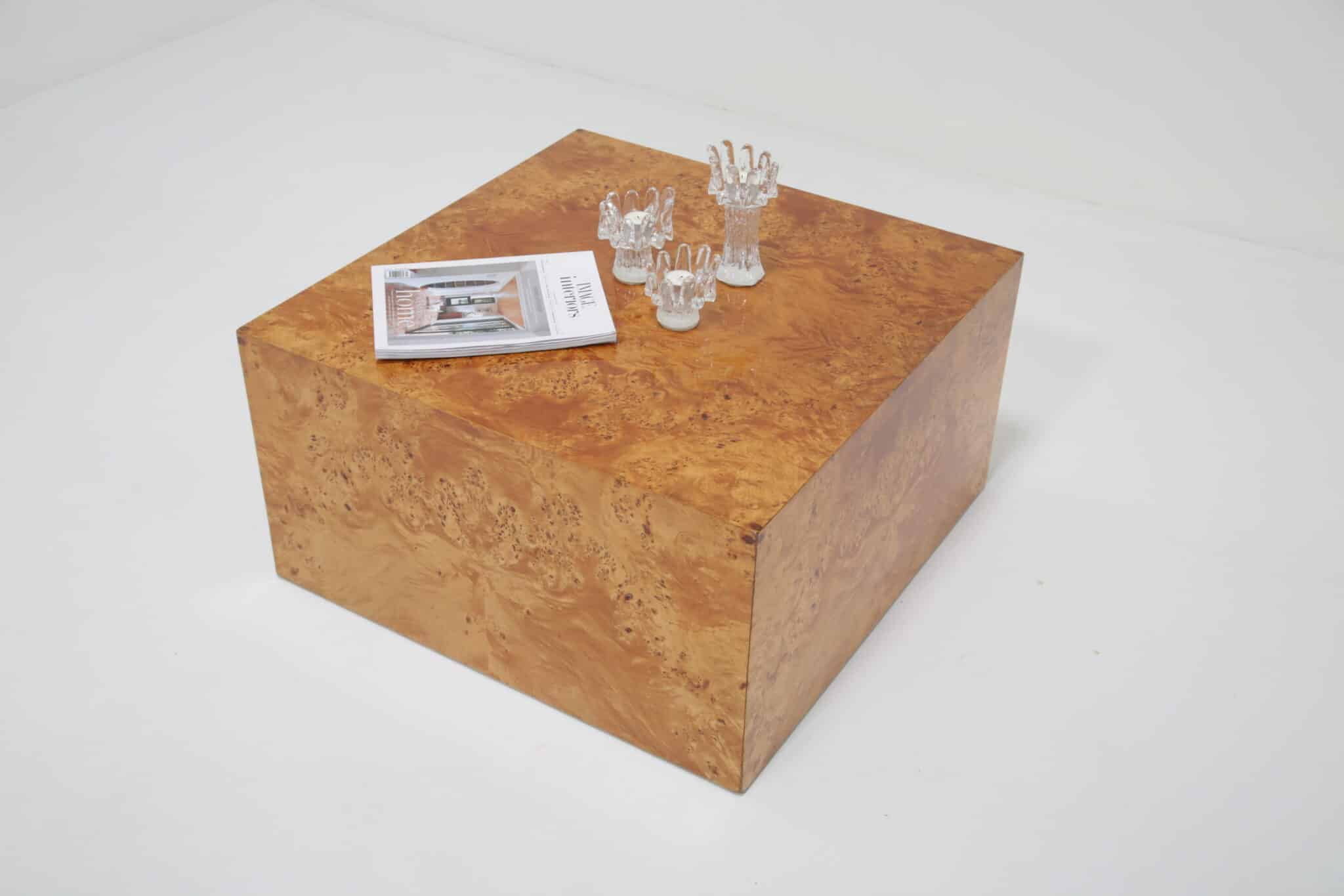 Mid-Century Olive Burl wood Cube Side or Coffee Table by Paul Mayer for Habitat International, 1970s (13)