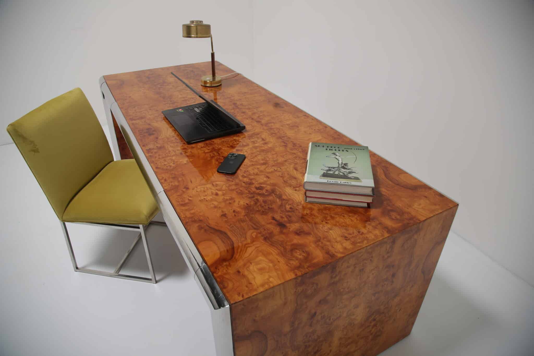 Dan Roffman Burlwood and Chrome Executive Edward Axel Roffman Desk. - Killian Mc Nulty