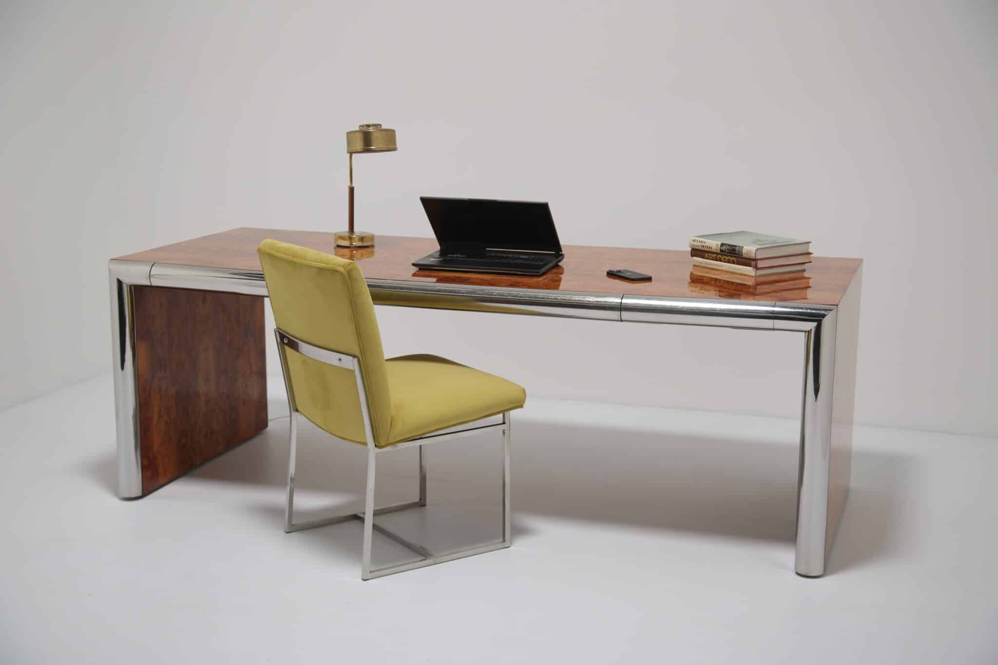 Dan Roffman Burlwood and Chrome Executive Edward Axel Roffman Desk. - Killian Mc Nulty