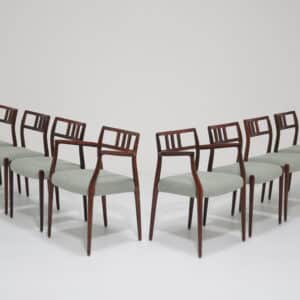 Complete set of eight Niels Otto Moller rosewood dining chairs - two Model 64 carver armchairs and six Model 79 side chairs with green Dedar linen upholstery
